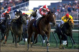 Pat Eddery winning the Breeders' Cup Sprint (Gr.1) aboard Sheikh Albadou in 1991 at Churchill Downs. Photo BBCSport